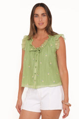 Lumi Embroidered Ruffle Top - Green