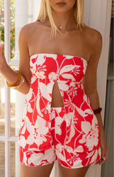 Ailany Red Floral Strapless Longline Top