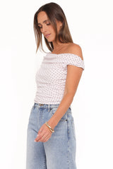Aaron Off Shoulder Top - Pale Pink Dot