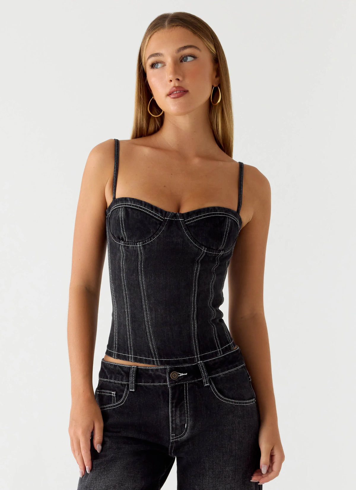 Nathan Denim Corset Top - Washed Black