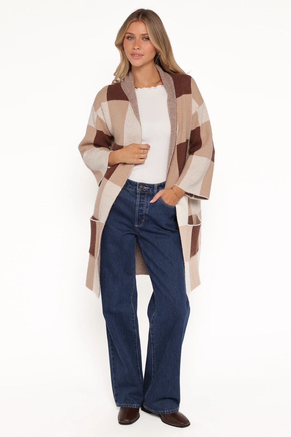 Ecoya Long Cardigan - Brown Plaid