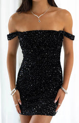 Zoella Black Velvet Sequin Off The Shoulder Mini Dress