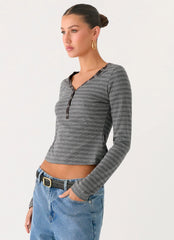 Kaytra Long Sleeve Top - Grey Marle Stripe