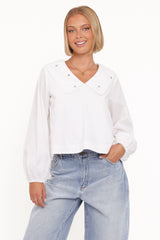 Kenna Embroidered Long Sleeve Top - White Floral